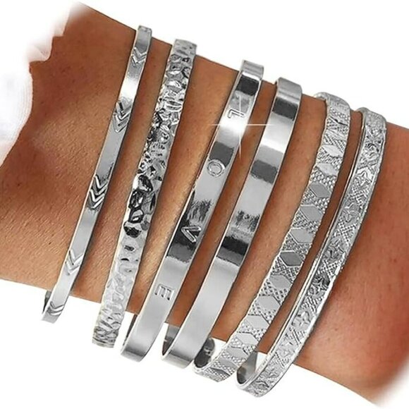 Jewelry - SILVER Bangles for Women, Open Adjustable Bangle Bracelets Multi Layer​